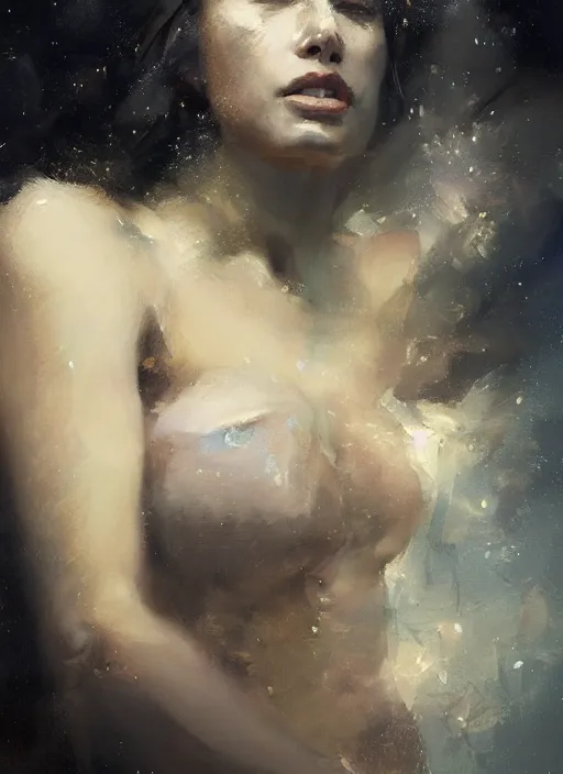 Prompt: portrait of a beautiful woman with mouth agape looking deep at the viewer, her eyes are filled with stars, celestial background, hair blown in the wind, by Jeremy Mann, stylized, detailed, realistic, loose brush strokes, dramatic