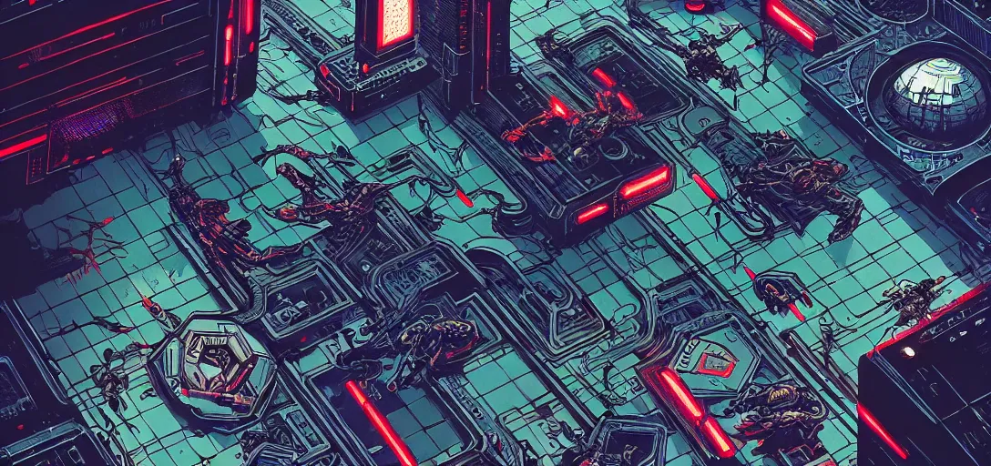 Image similar to cyberpunk mech tiled floor, aerial one point perspective, high details, line art, by vincent di fate and joe fenton, inking, screen print, masterpiece, trending on artstation, sharp,, hyper - detailed, hd, 4 k, 8 k