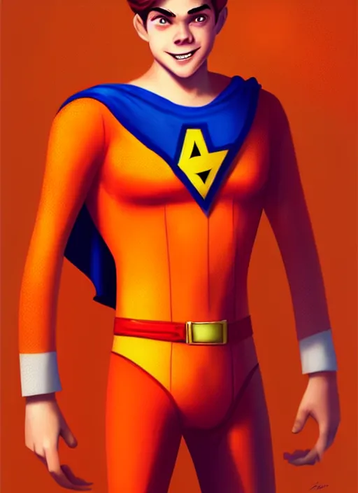 Image similar to friendly teenage archie andrews wearing an orange superhero costume, freckles, superhero costume with heart emblem, cape, intricate, elegant, glowing lights, highly detailed, digital painting, artstation, sharp focus, illustration, art by wlop, mars ravelo and greg rutkowski