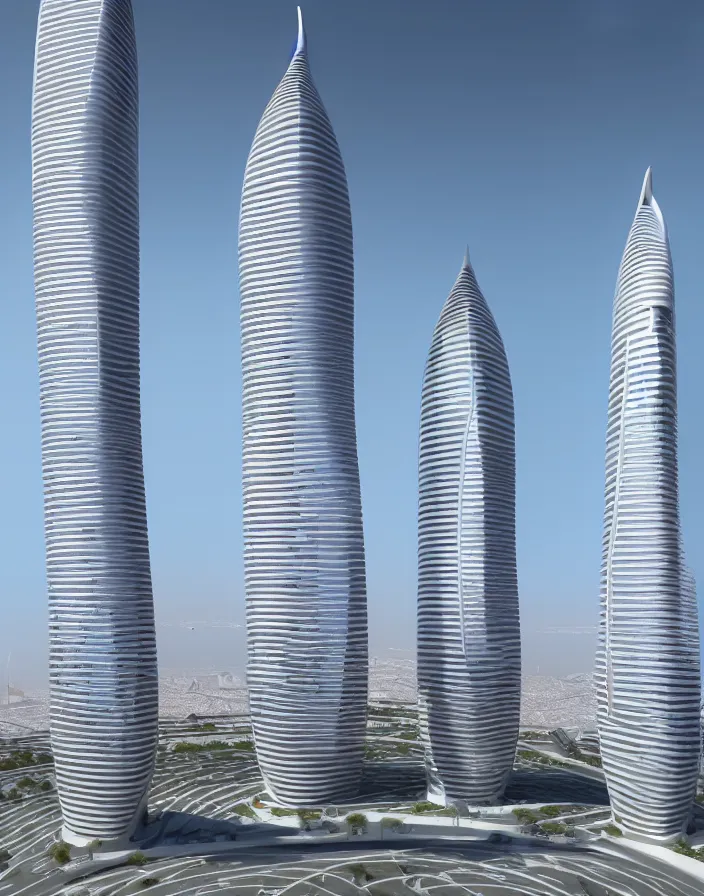 Image similar to al hamra tower, futuristic, evolution tower, santiago calatrava, futuristic tower architecture, 8 k render, beige in the middle of a spacious futuristic city