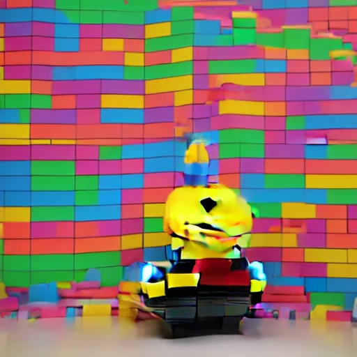Prompt: a large rubber duck sits alone in a large room next to a birthday cake made out of lego bricks. the walls are covered with colorful wall paintings in the style of sol lewitt.