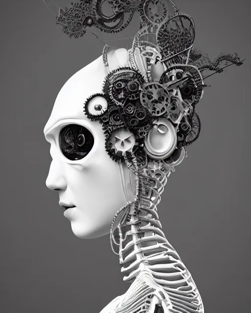 Image similar to black and white dreamy foggy profile face portrait, one steampunk eye biomechanical beautiful young female cyclope - cyborg - robot bust, body ribs meshes,, volumetric light, hibiscus flowers, by hg giger, rim light, by dora maar and cecile beaton, big gothic fashion pearl embroidered collar, 8 k