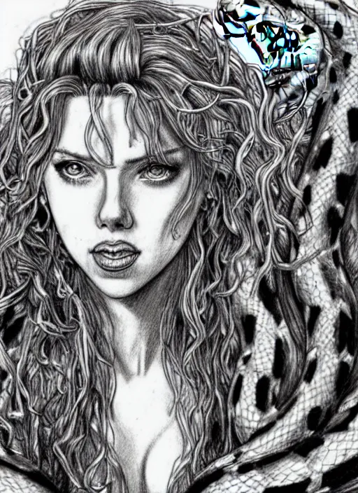 Image similar to pencil drawing of scarlett johansson as medusa wearing snakes in her head in the berserk manga, smiling expression showing fangs, big snakes heads, by kentaro miura