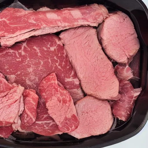 Prompt: disgusting meat in plastic tub