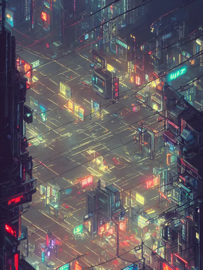 Image similar to isometric _ view _ of _ a _ cyberpunk _ neo - tokyo _ street _ with _ illuminated _ signs _ and _ wet _ pavement _ by _ andrei _ riabovitchev _ shaun _ tan _ peter _ mohrbacher _ a