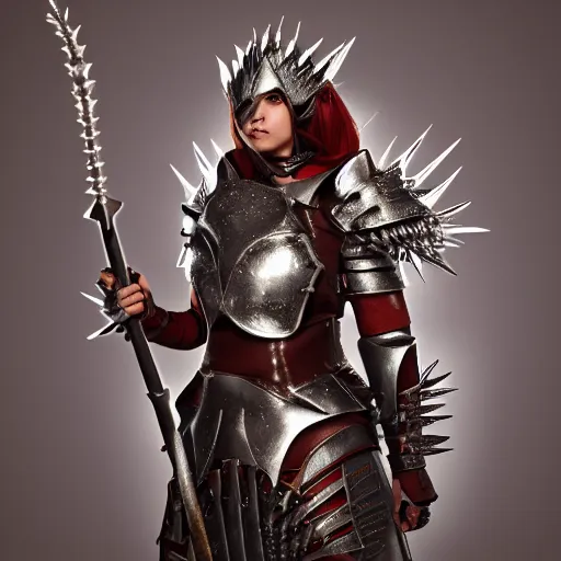 Image similar to female warrior with spiky armour with a mace, highly detailed, dramatic lighting, cinematic, 4k