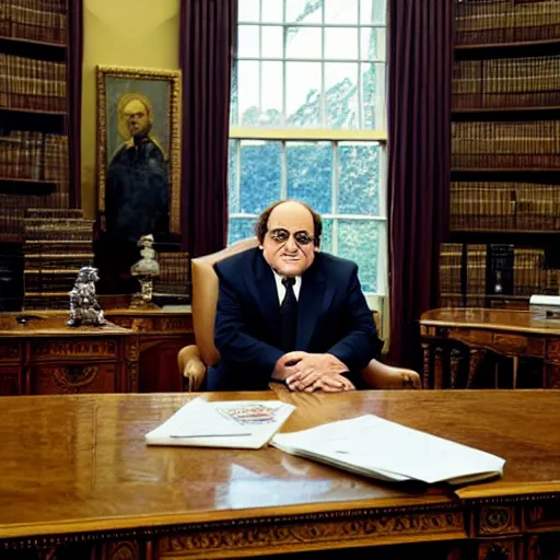 Prompt: portrait of president danny devito!!! sitting in his chair behind the desk in the oval office, annie leibovitz, studio lighting, frank