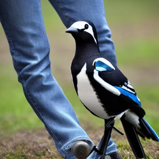 Prompt: a magpie with human legs wearing jeans