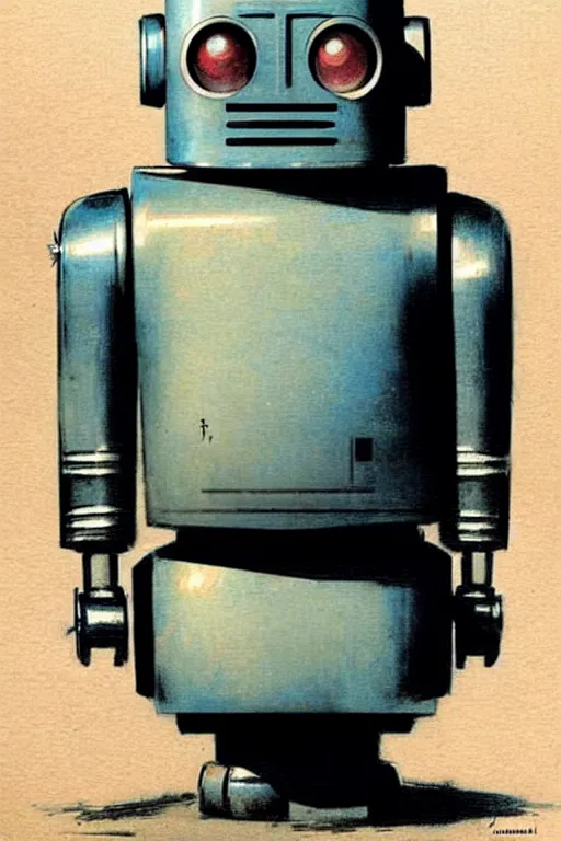 Prompt: (((((1950s robot robby the robot. muted colors.))))) by Jean-Baptiste Monge !!!!!!!!!!!!!!!!!!!!!!!!!!!