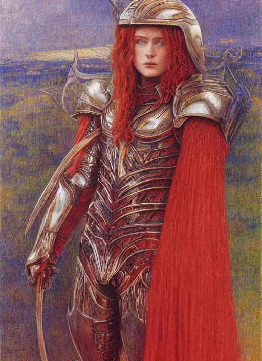 Prompt: malenia from elden ring wearing helmet and armor by jean delville, red hair, full body portrait,
