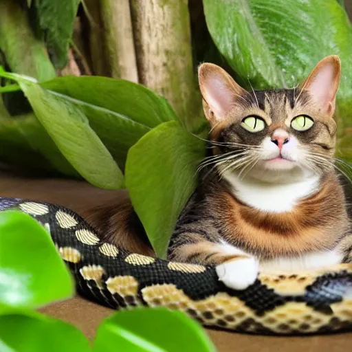 Prompt: cat with a snake body, jungle background