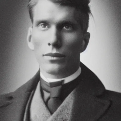 Image similar to A photograph portrait of Jerma985 with short messy hair and wearing an overcoat in the early 1910s, taken in the early 1910s, grainy, taken on a early 1900s Kodak Camera, realistic, hyperrealistic, very realistic, highly detailed, very detailed, extremely detailed, detailed, digital art, trending on artstation