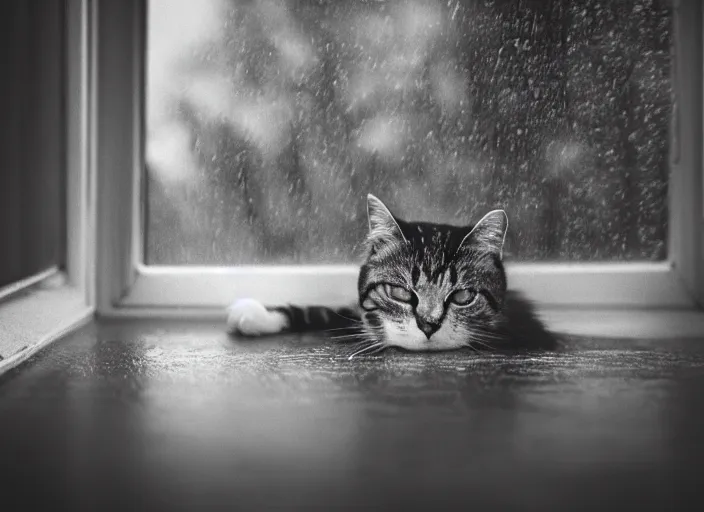 Image similar to photography of a Cat . watching outside the window while it rains. on a bed. in a 70's room full of vinyls and posters, photorealistic, raining award winning photo, 100mm, sharp, high res