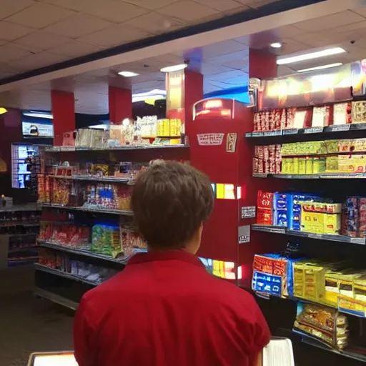 Prompt: Iron Man working as a 7/11 cashier using a red laser scanner, cash register, red laser scanner, wide wide shot, very detailed, beautiful lighting, red laser, fire, smoke