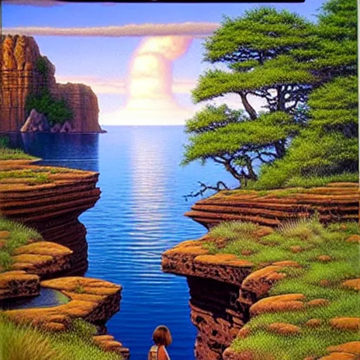 Image similar to Larry Elmore painting - You step to the edge of the rocky opening and peer over. You see a tranquil pond and a sandy beach 20 feet below. The opening’s bottom leads to a cave, its verdant flora a stark contrast to the rocky sides.