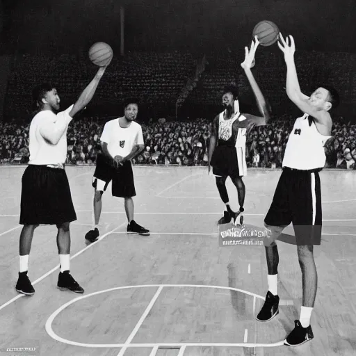 Prompt: a group of men playing a game of basketball, dunking, by frank mason, dribble contest winner, dada, associated press photo, dynamic pose