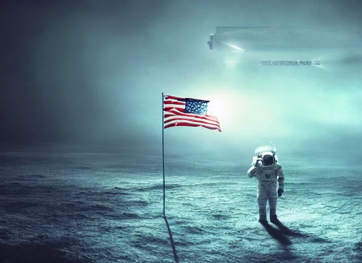 Image similar to astronaut holding a flag in an underwater desert. a submarine is visible in the distance. dark, concept art, cinematic, dramatic, atmospheric, 8 k, trending on artstation, blue, fish, low visibility, fog, ocean floor, christopher nolan, interstellar