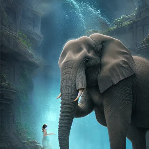 Image similar to an elephant discovering the lost city of atlantis,digital art,detailed,ultra realistic,art by greg rutkowski