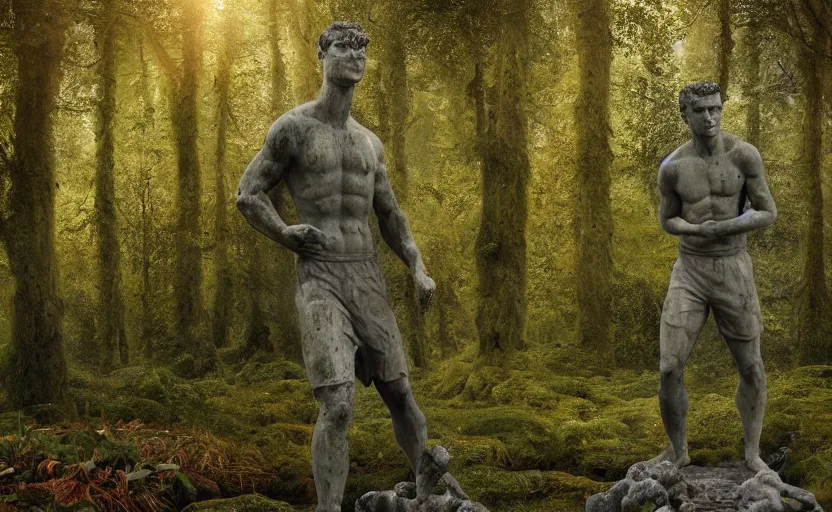 Image similar to a mossy marble statue of Cristiano Ronaldo abandoned in the middle of a forest near a lake at sunset by Greg Rutkowski, concept art, godrays, complementary colors, calm, relaxing, beautiful landscape, highly detailed, high quality, 4k HDR, path tracing, serene landscape, high coherence, soft lighting