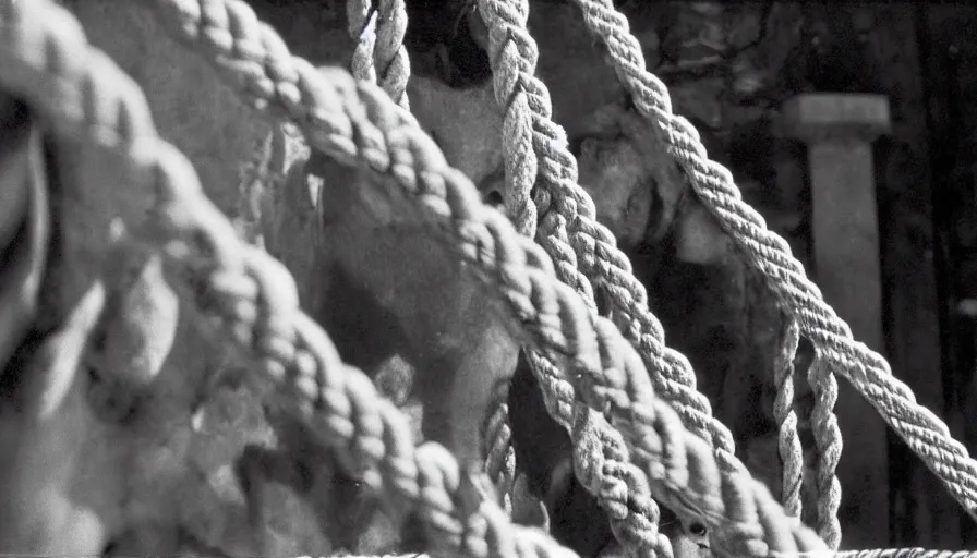 Image similar to 1 9 6 0 s movie still close - up of marcus atilius regulus tied with ropes at pole in direction of the burning sun with blood flowing off his eyes cinestill 8 0 0 t 3 5 mm b & w, high quality, heavy grain, high detail, texture, dramatic light, anamorphic, hyperrealistic, detailed hair