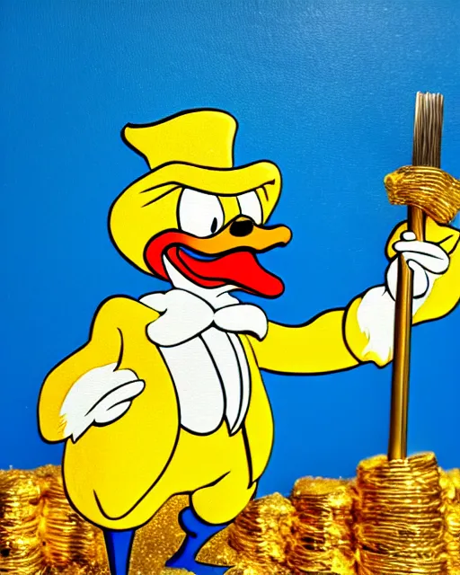 Image similar to Scrooge McDuck from the Duck Tales in blue costume standing on a mountain of golden gold and holding a cane, view from below, full body portrait including head, oil painting, highly detailed