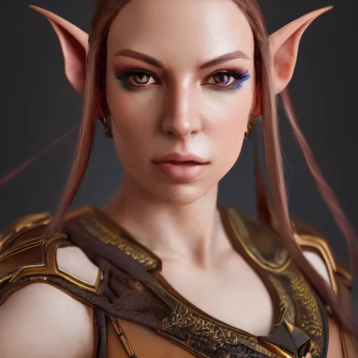 Image similar to portrait of a beautiful female high elf with tan skin, 3 d octane render trending on art station 8 k