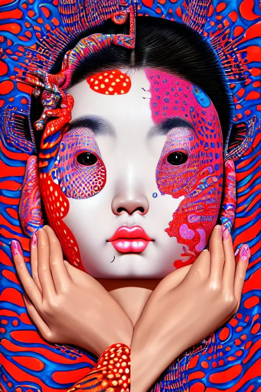 Image similar to realistic detailed image of a geisha laying down in a padded room, conjuring psychedelic background, part by yayoi kusama, part by alex gray, part by ross tran, part by james jean, ultra realistic, highly detailed, life like face, detailed body, 8 k, trending on artstation, very cohesive, masterpiece