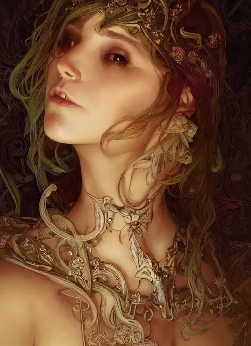 Image similar to portrait of beautiful cute goblin girl, fantasy, D&D, intricate, elegant, highly detailed, digital painting, artstation, concept art, smooth, sharp focus, illustration, art by artgerm and greg rutkowski and alphonse mucha and Gustav Klimt