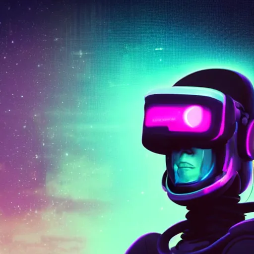 Image similar to cyberpunk astronaut bot, cinema 4 d, galaxy space sci - fi, wearing vr goggles, illustration, portrait, pastel neon textured background night, detailed,