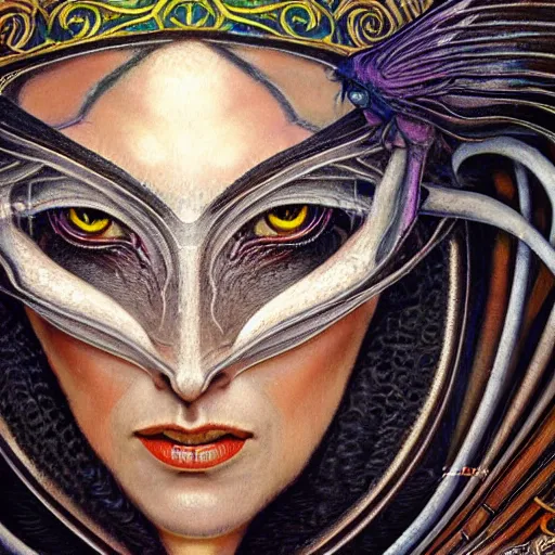 Prompt: beautiful closeup portrait of an art deco witch, glowing eyes. reflective detailed textures, moth wings, highly detailed dark fantasy science fiction painting by donato giancola and diego rivera and annie swynnerton and jean delville and saturno butto, elaborate geometric ornament, ancient runes, silver and cool colors. artstation