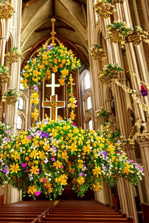 Image similar to photo inside a church full of flowers, golden ornaments highly detailed