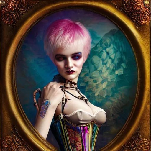 Prompt: photorealistic soft paint render of a curiosities carnival, single young beautiful dollpunk in a full steampunk corset, cyberpunk dyed haircut, symmetry accurate features, focus, rainbow lighting, very intricate details, award winning masterpiece, by tom bagshaw