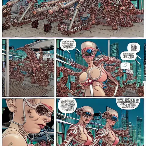 Image similar to a beautiful highly detailed futuristic mechanical lady, cyberpunk garage on jupiter, filled with people,, art by geof darrow,