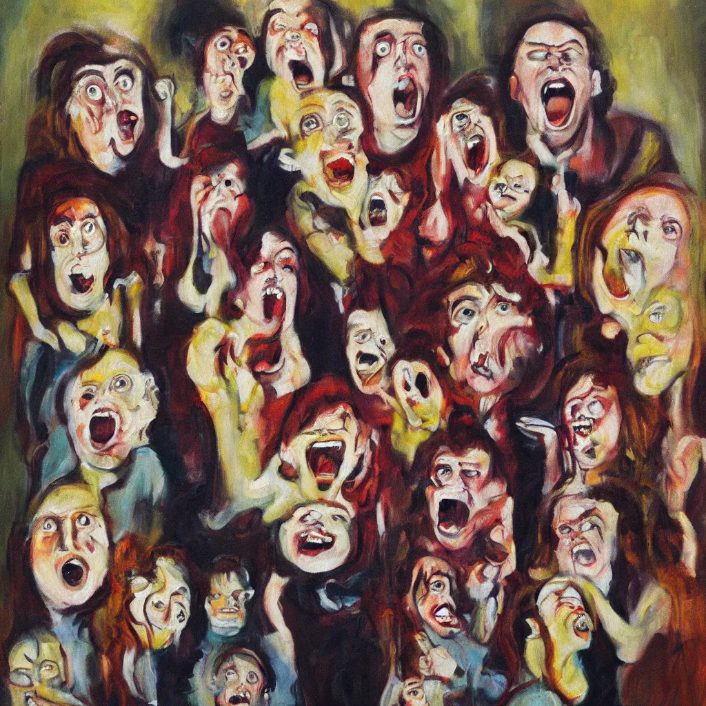 Image similar to oil painting of a family photo, screaming eyes wide shot art by francis bacon