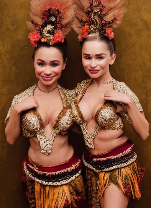 Image similar to portrait of lindsey pelas and emilia clarke as traditional javanese dancer, by charlotte grimm, natural light, detailed face, canon eos c 3 0 0, ƒ 1. 8, 3 5 mm, 8 k, medium - format print, half body shot