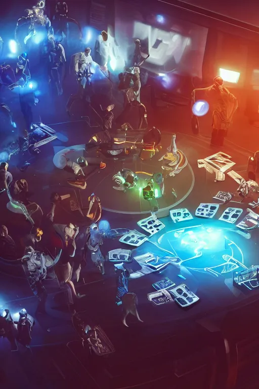 Image similar to closeup, of one futuristic sci-fi Twenty sided dice, in the background are players at a table that are in high tech still suites, with masks, bokeh, sharp focus, intricate concept art, highly detailed, 8k, cinematic, sharp focus