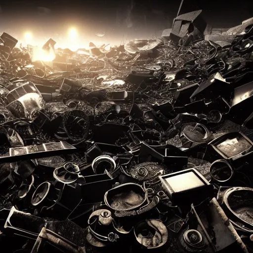 Image similar to a view from afar of a maelstrom of scrap metal in black, starless space, octane render