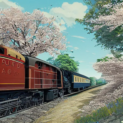 Image similar to concept art painting of a historic transverse view of a steam train, the train carries a cherry tree in flower, realistic, detailed, cel shaded, in the style of makoto shinkai and greg rutkowski and james gurney