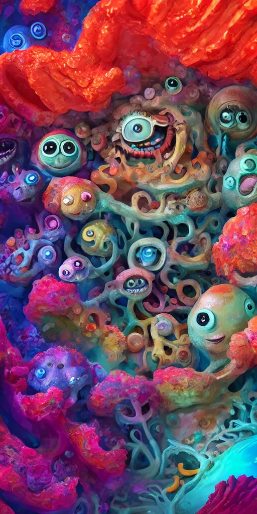 Image similar to of a colorful deep sea cave with strange cute friendly happy creatures with huge eyes, mouth, long tongue and round teeth appearing from sandy coral, in the style of gehry and gaudi, macro lens, shallow depth of field, ultra detailed, digital painting, trending artstation, concept art, illustration, cinematic lighting, photorealism, epic, octane render