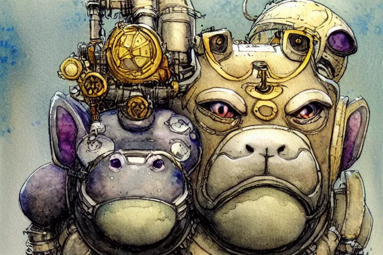 Image similar to a simple and atmospheric watercolour fantasy character concept art portrait of a mechanized android bulldog as a druidic warrior wizard looking at the camera with an intelligent gaze, very muted colors, by rebecca guay, michael kaluta, charles vess and jean moebius giraud