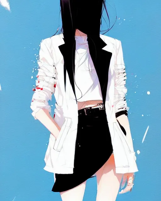 Image similar to a ultradetailed painting of a stylish woman wearing a white jacket with black skirt, by conrad roset, greg rutkowski and makoto shinkai trending on artstation