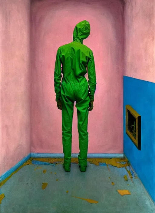 Prompt: a skinny, starving artist wearing overalls, painting the walls inside a chernobyl sarcophagus, hauntingly surreal, highly detailed painting by francis bacon, edward hopper, adrian ghenie, gerhard richter, and james jean, soft light 4 k in pink, green and blue colour palette