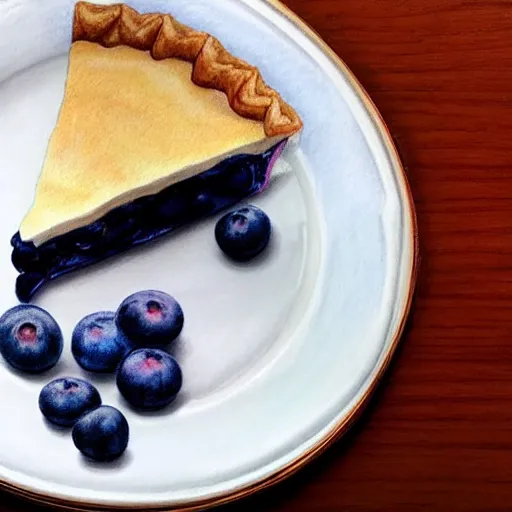 Prompt: Colored pencil art on paper, Blueberry pie slice on a plate, highly detailed, artstation, MasterPiece, Award-Winning, Caran d'Ache Luminance