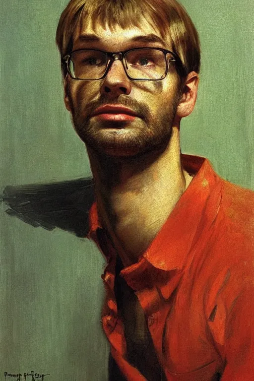 Image similar to portrait of jeffrey dahmer on the teenage in 1 9 7 0 by ilya repin