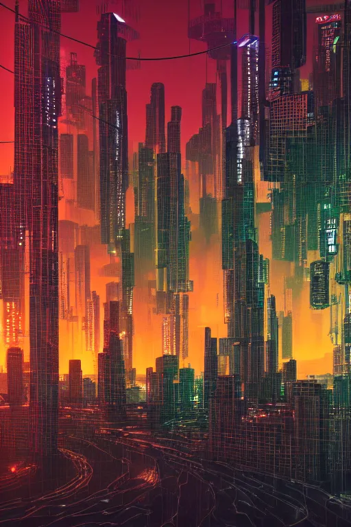 Prompt: cyber punk city scape at dusk orange light , realistic, cinematic style, 100mm, film post process, unreal