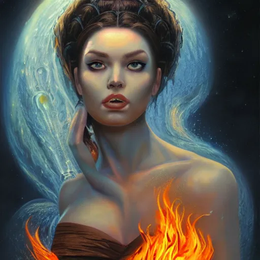 Image similar to A stunning portrait of a goddess with a body of flames by Jim Burns, 8K UHD, intricate, fantasy, Trending on artstation.