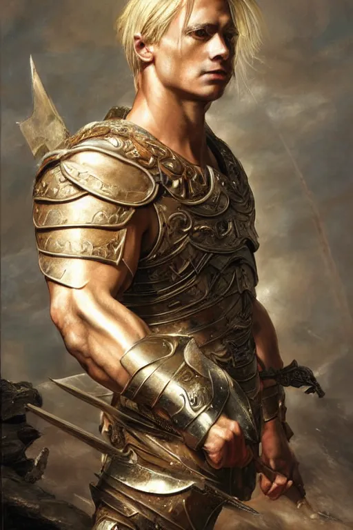 Image similar to a powerful and muscular male warrior , half body portrait, blond hair, ornate armour, realistic oil painting by Thomas Cole and Wayne Barlowe and Boris Valejo