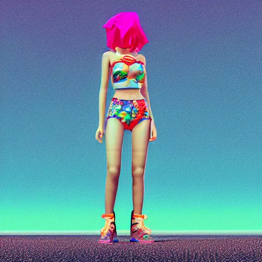 Image similar to fullbody vaporwave art of a fashionable zombie girl at a beach, early 9 0 s cg, 3 d render, 8 0 s outrun, low poly, from hotline miami, album art