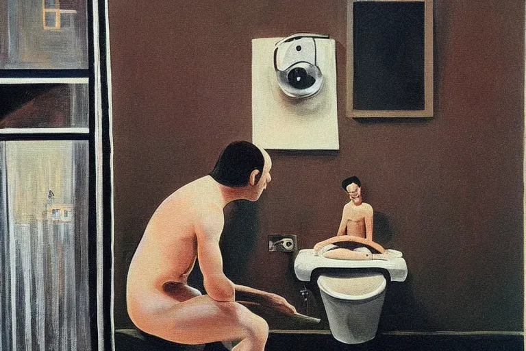 Prompt: a surrealist painting of a man on the toilet watching TikTok on his phone, highly detailed, sharp