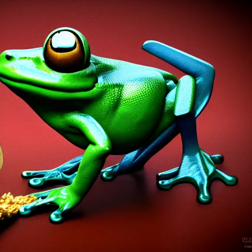 Image similar to a high quality photo of an antropomorphic frog wearing a suit smoking a cigar cigar cigar cigar, 3d scene, render, ultra realistic, artstation, cgsociety